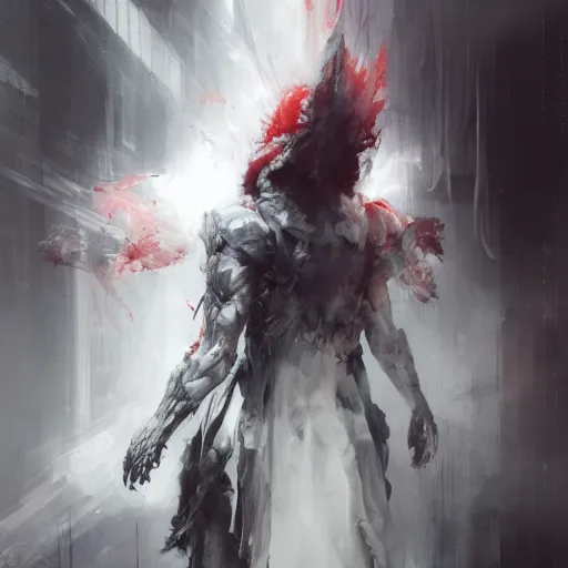 Prompt: a humanoid cyberpunk white dragon wearing a white mage robe by melmoth zdzislaw belsinki craig mullins yoji shinkawa realistic render ominous detailed photo atmospheric by jeremy mann francis bacon and agnes cecile ink drips paint smears digital cyberpunk, realistic anime, dramatic lighting, red light, red highlights