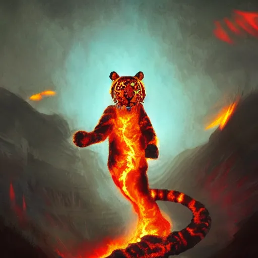 Prompt: tiger made of smoke, lava and fire flying in the sky ; cat flying in the sky ; panther flying in the sky ; humans being devoured ; aliens, robotic machines, gods, bio - mechanical intelligences, glitch creatures, dmt entity ; lsd art, trending on artstation, style greg rutkowski