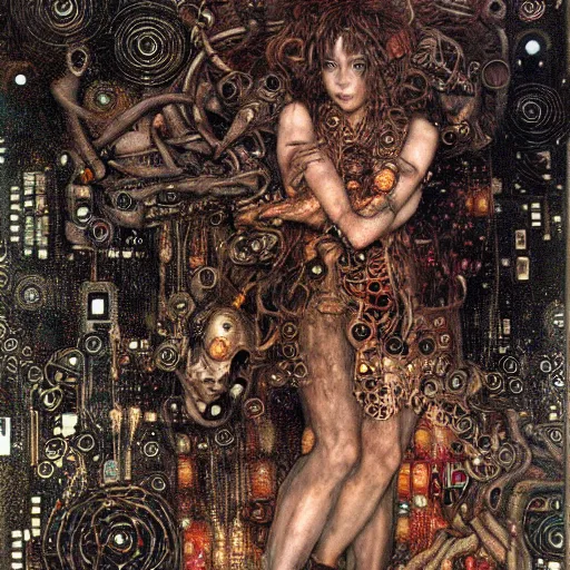 Image similar to many depraved cybernetic demon lovers trapped in circuitry, intricate detail, klimt, royo, whealan,