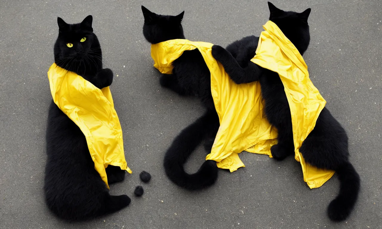 Image similar to a big black cat wearing a yellow raincoat, cat is standing on his back feet