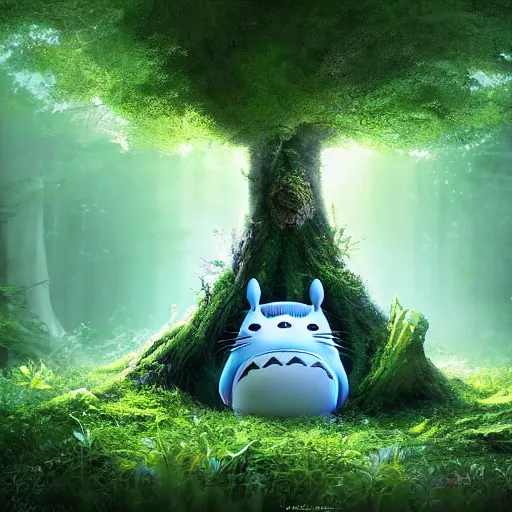 Image similar to A forest with a ray of light shining down onto the forest floor, soot sprouts floating, totoro hiding behind tree, magical, enchanting, beautiful, fantasy, digital art, high detail, excellent quality, 4K, OLED