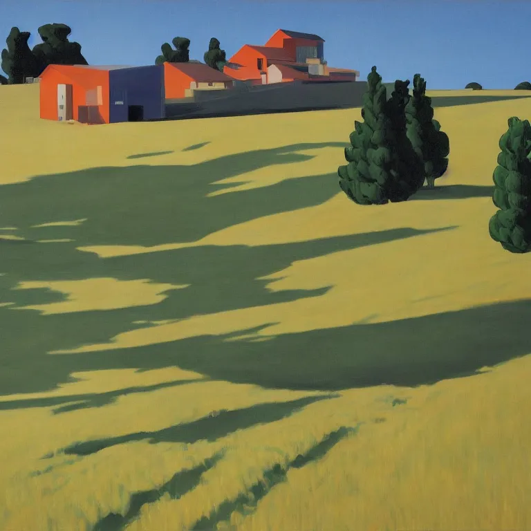 Image similar to dreaming futuristic rural landscape with modern houses, painted by Alex Katz, painted by Edward Hopper, airbrush
