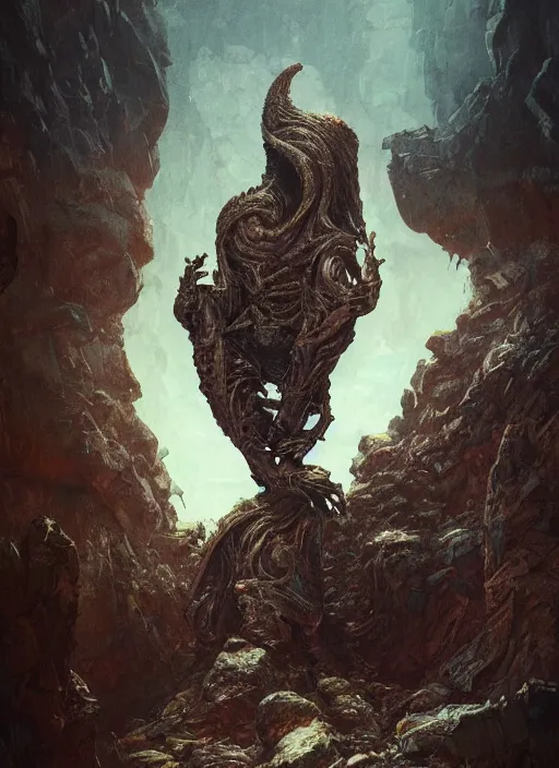 Image similar to hyper realistic photography of intricate symmetric strange alien bone god sitting on ruined ornamented rock throne in a crystal cave detailed, greg rutkowski, mignola, moebius, artstation, cgsociety