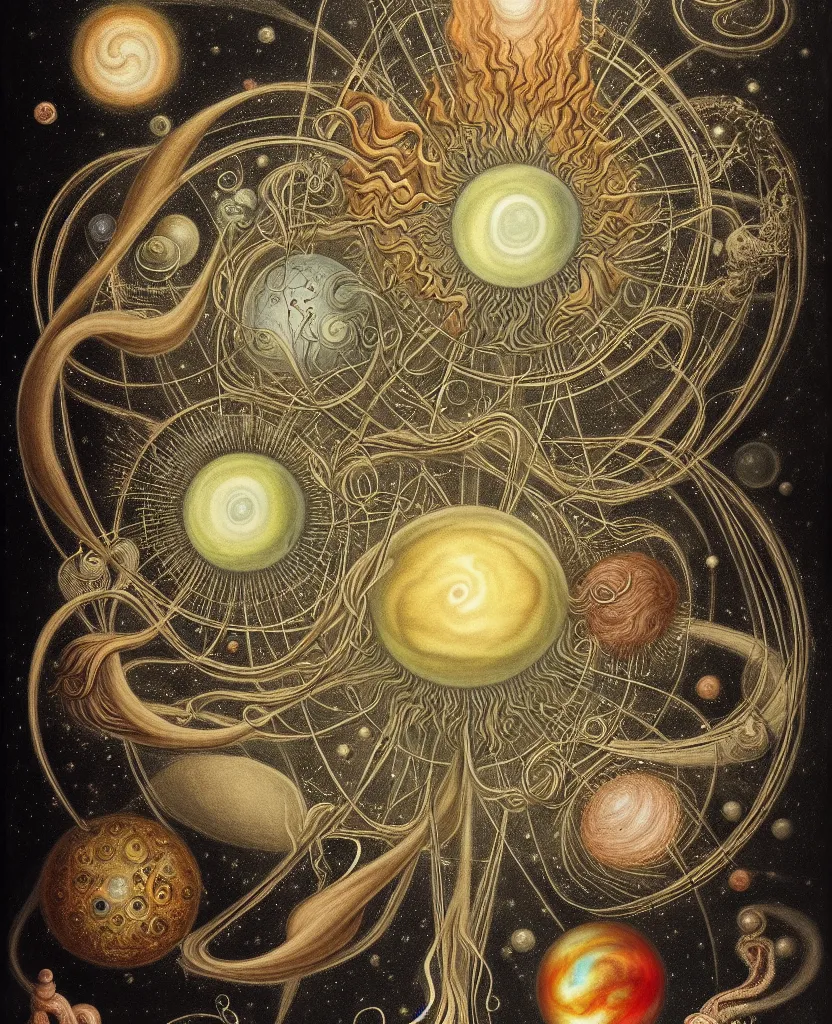 Prompt: whimsical uncanny creature alchemizes unique canto about'as above so below'being ignited by the spirit of haeckel and robert fludd, breakthrough is iminent, glory be to the magic within, to honor jupiter, painted by ronny khalil