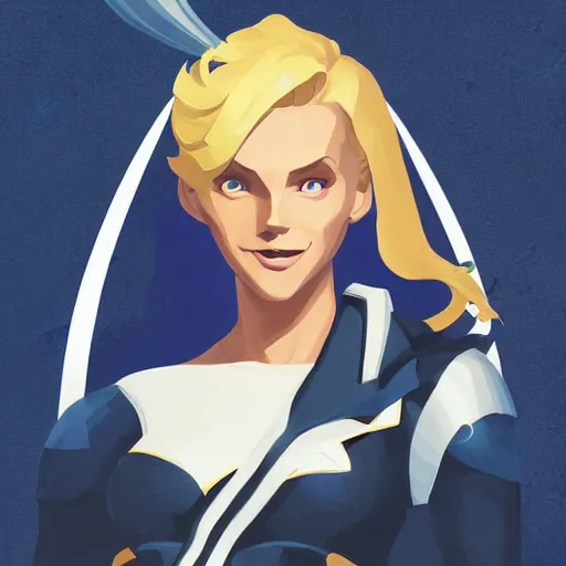 Prompt: a painting beautiful cute superhero woman, blonde hair, matte navy - blue bodysuit with a white cape and white shoulders on sea of thieves game avatar hero smooth face median photoshop filter cutout vector, behance hd by jesper ejsing, by rhads, makoto shinkai and lois van baarle, ilya kuvshinov, rossdraws global illumination