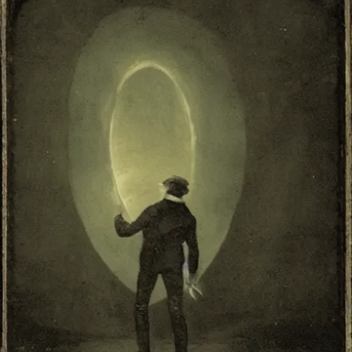 Prompt: 1820's photo from distance of a futuristic man opening a portal to another dimension at night, moody, dark, damage