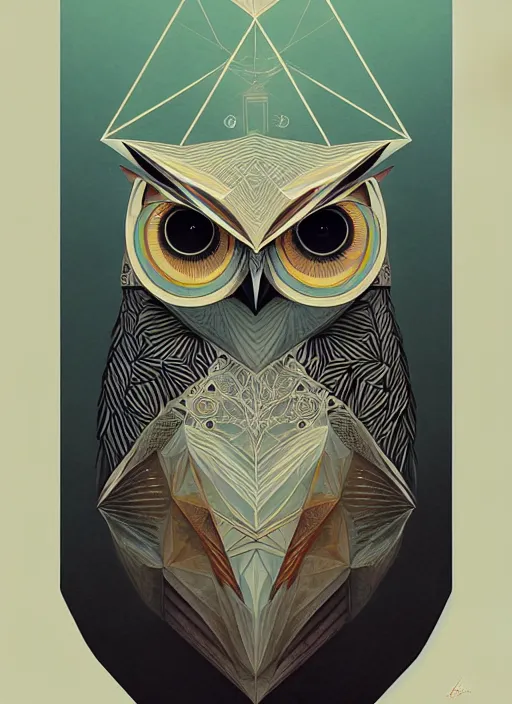 Image similar to portrait of a geometric owl, identical eyes, medium shot, illustration, full body made of white feathers, symmetrical, art stand, super detailed, cinematic lighting, and its detailed and intricate, gorgeous, by peter mohrbacher