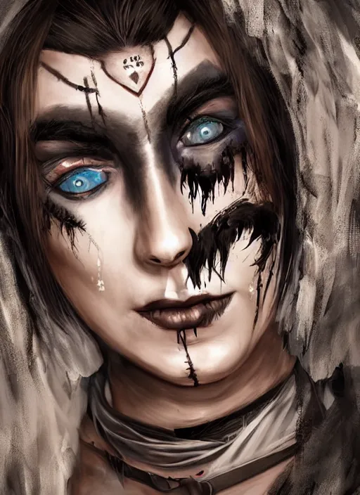 Prompt: digital art of a young woman in dark shamanistic ritual clothing accented by black feathers, dark ravenlike makeup on her face, post apocalyptic, dystopian, high resolution, highly detailed, fallout, raider, 4 k, artstation, dark lighting