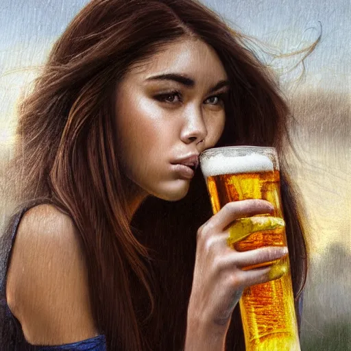 Image similar to 4k,ultra detailed portrait of Madison Beer drinking beer at the parking lot by Rachel Ruysch