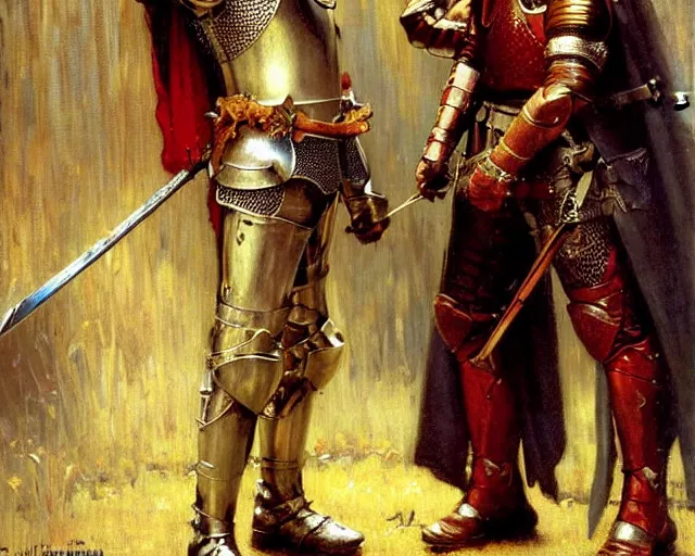 Image similar to arthur pendragon flirting wit his knight. the knight is also flirting back, highly detailed painting by gaston bussiere, craig mullins, j. c. leyendecker