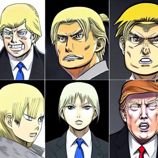 Prompt: donald trump as the female titan from attack on titan in the drawing style of yusuke murata. highly detailed