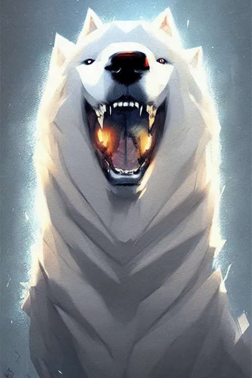 Image similar to greg rutkowski art poster, heroic samoyed. trending on artstation