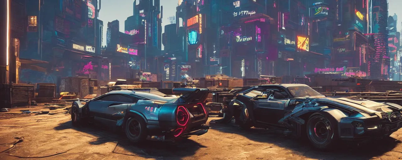 Image similar to Cyberpunk 2077 car Quadra Turbo-R V-Tech, driving down dusty city dystopian, long distance shot , by Mead, Syd