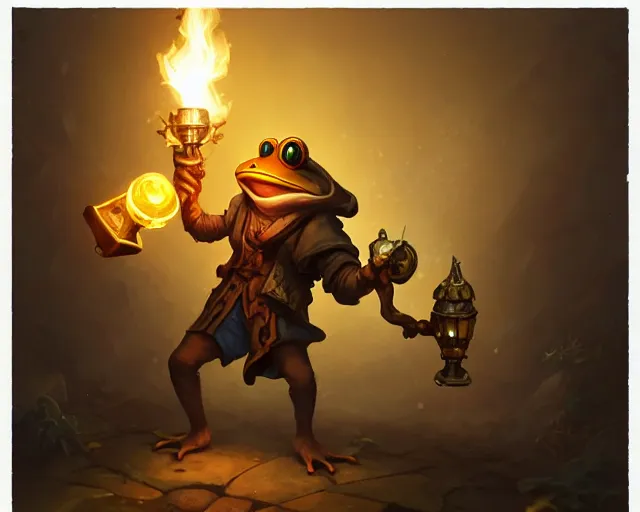 Image similar to an anthropomorphic frog shopkeeper from final fantasy, holding a torch, deep focus, d & d, fantasy, intricate, elegant, highly detailed, digital painting, artstation, concept art, matte, sharp focus, illustration, hearthstone, art by artgerm and greg rutkowski and alphonse mucha