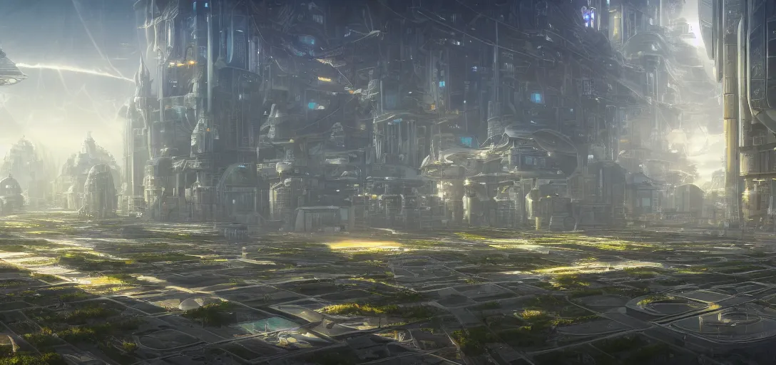 Image similar to ground view of a futuristic solarpunk city, light rays, symmetry, cinematic lighting, ultra detailed, sharp, ambient occlusion, bloom, raytracing, by greg rutowski, sebastian meyer and jordan grimmer