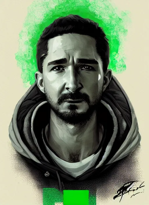 Image similar to highly detailed closeup portrait motivational poster of shia lebouf with large bold letter motivational words by greg rutkowski, by artgerm, gradient green, black and white color scheme