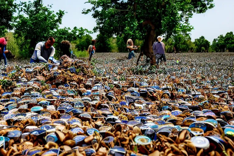 Image similar to sugondese people sorting a giant pile of compact discs within a tree nut field