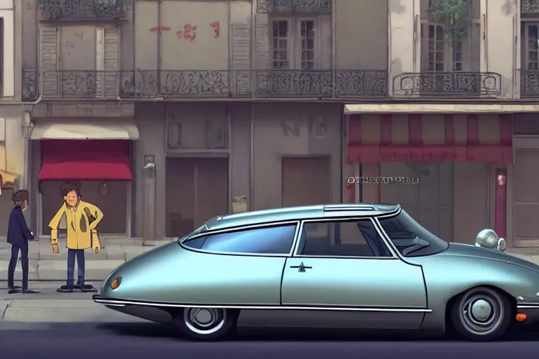 Image similar to a wholesome animation key shot of!! one!! focused!! 1 9 7 4 citroen ds!! in a paris street, medium shot, studio ghibli, ( pixar ) and disney animation, sharp, very detailed, high resolution, rendered in unreal engine 5, anime key art by greg rutkowski, bloom, dramatic lighting
