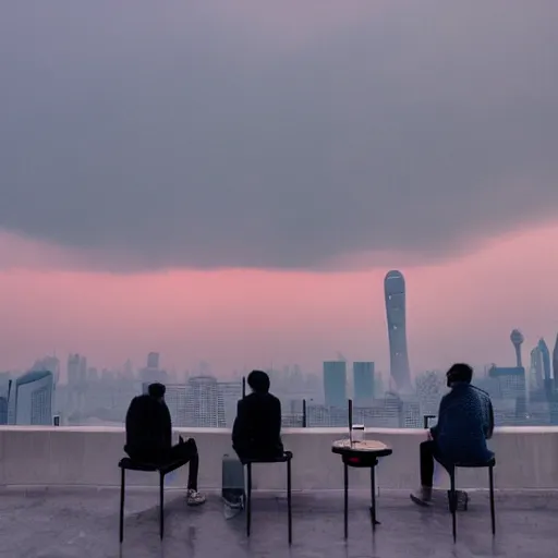 Image similar to a small rooftop with a couple of people sitting and watching the view, wearing black modern clothes, messy hair, modern shanghai bund in smog is on the background, sunset, pale colors, by gregory crewdson