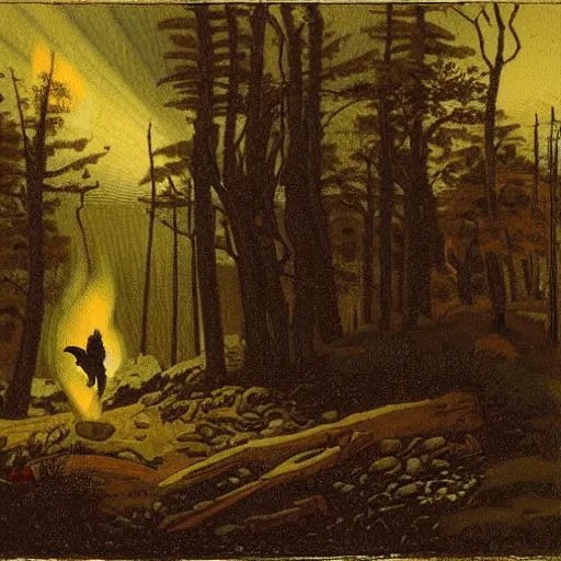 Image similar to hunter alone in the wilderness, staring forlornly at fire at midnight, deep dark boreal forest, 19th century