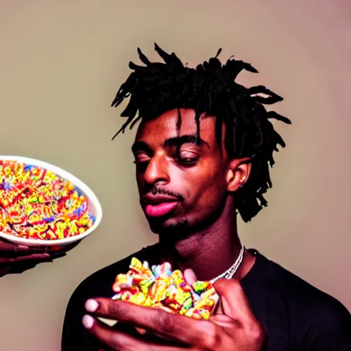 Prompt: a realistic photo of playboi carti eating fruity pebbles, film grain, vintage photo, high contrast