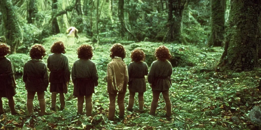 Image similar to A full color still from a Stanley Kubrick film featuring four hobbits, from behind, in a dark forest, 35mm, 1975