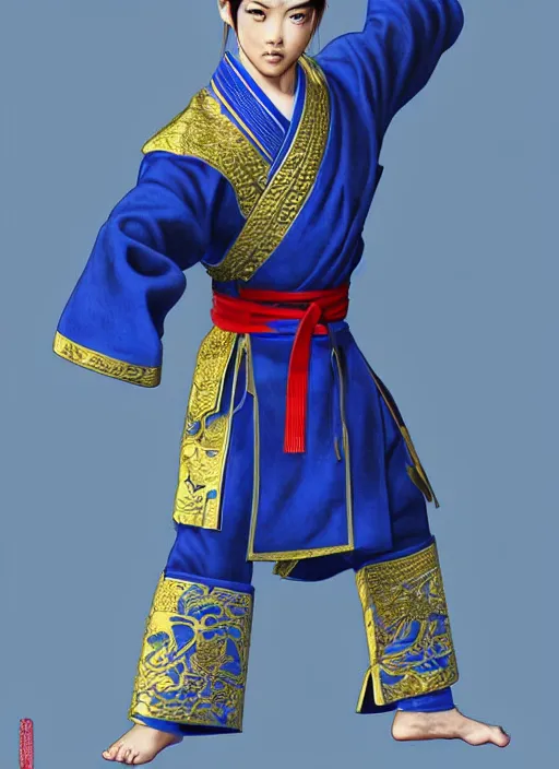 Image similar to male martial artist!! manchu queue pigtail hairstyle!!!! asian facial features and blue eyes!! intricate ornate blue robes!! character concept art, sharp focus, octane render! unreal engine 5! highly rendered!! trending on artstation!! detailed linework!! illustration by artgerm, wlop, and chie yoshii