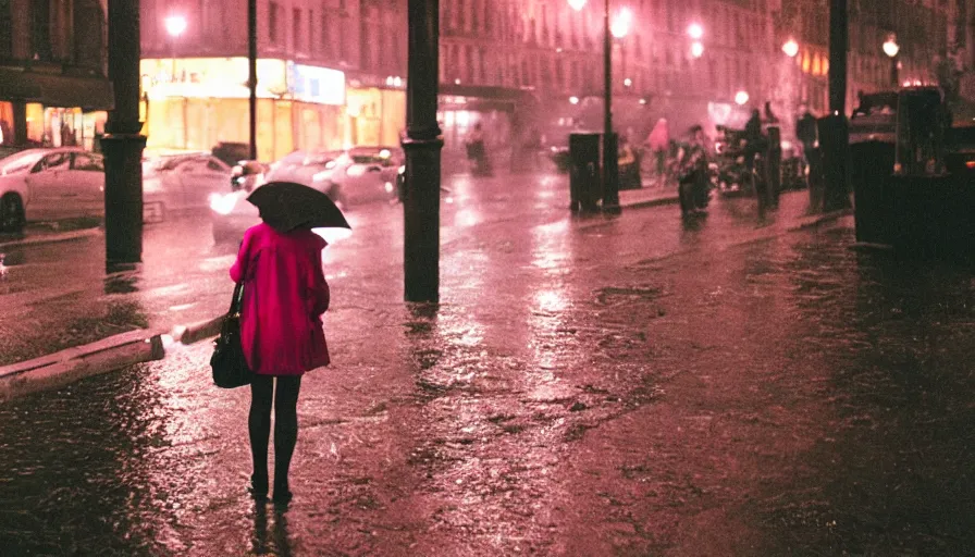 Image similar to street of paris photography, night, rain, mist, a girl with pink hair, cinestill 8 0 0 t, in the style of william eggleston