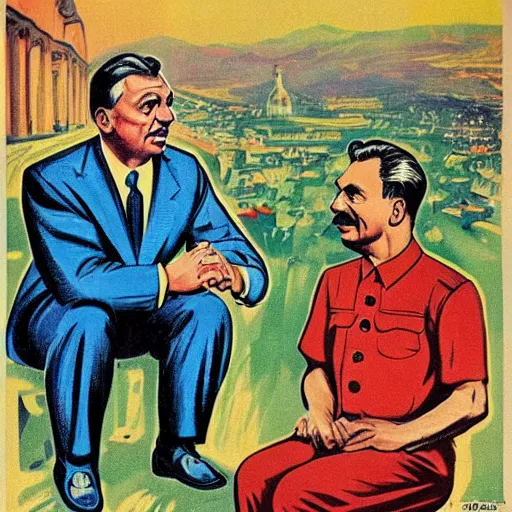 Image similar to hungarian prime minister viktor orban sitting on the knee of joseph stalin, soviet propaganda poster art from 1 9 5 0, highly detailed, colored