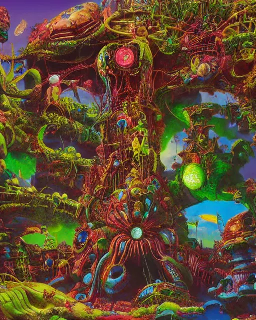 Prompt: rave party by roger dean, biomechanical, 4 k, hyper detailed