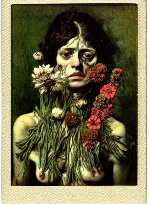 Image similar to beautiful and detailed rotten woman made of plants and many different types of flowers, muscles, intricate, organs, ornate, manet, gustave courbet, caravaggio, romero ressendi 1 9 1 0 polaroid photo