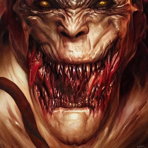 Image similar to Dark Fantasy Painting of a hulking muscular demonic flesh creature with drool dripping from its mouth, creepy, unsettling, horror, upper body, intricate, wild, highly detailed, digital painting, artstation, concept art, smooth, sharp focus, illustration, art by artgerm and greg rutkowski and alphonse mucha