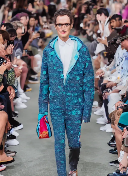 Image similar to hyperrealistic and heavy detailed Louis Vuitton runway show of rick and morty , Leica SL2 50mm, vivid color, high quality, high textured, real life