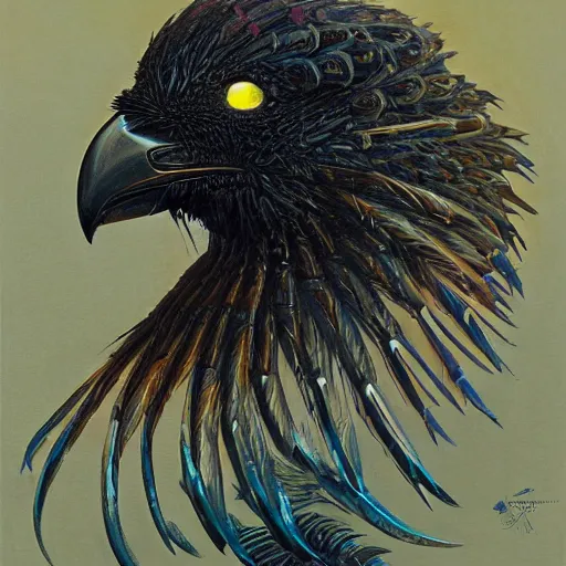 Prompt: fantasy exoskeleton raven armor, stylized anthropomorphic black bird head with a visible beak. neon, science fiction, light, portrait by donato giancola and greg rutkowski and wayne barlow. 1 9 6 9