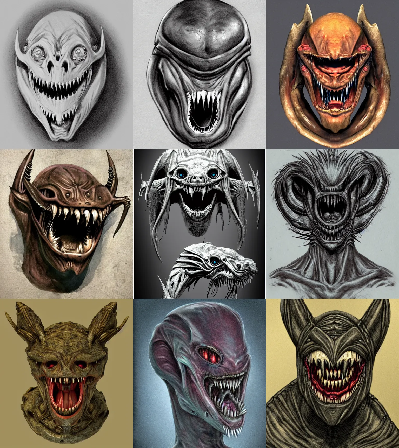 Prompt: creature head, horror, sharp teeth, alien forms, realistic