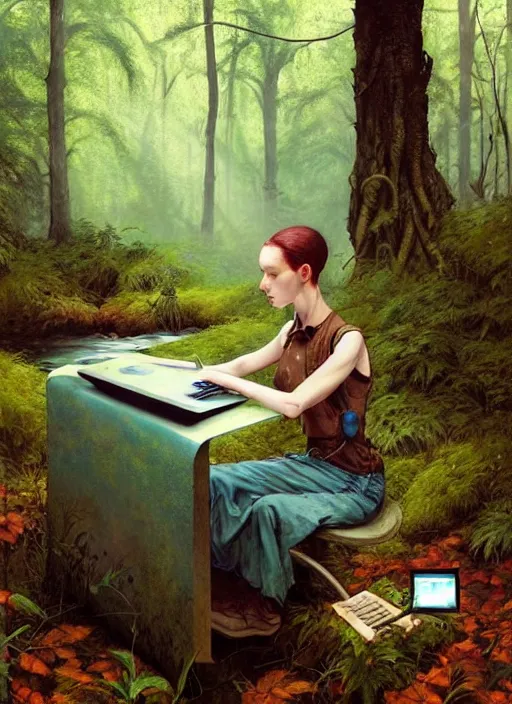 Image similar to computer in the woods by a stream, river gorgeous lighting, lush forest foliage blue sky a hyper realistic painting by chiara bautista and beksinski and norman rockwell and greg rutkowski, tom bagshaw weta studio, and lucasfilm