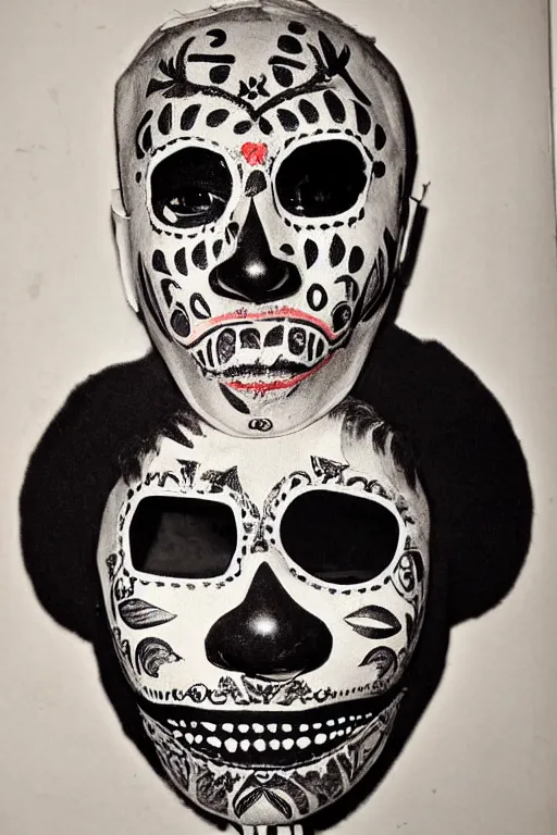 Image similar to vintage 35mm photo portrait of a man wearing a traditional day of the dead masks in the style of Jason Edmiston