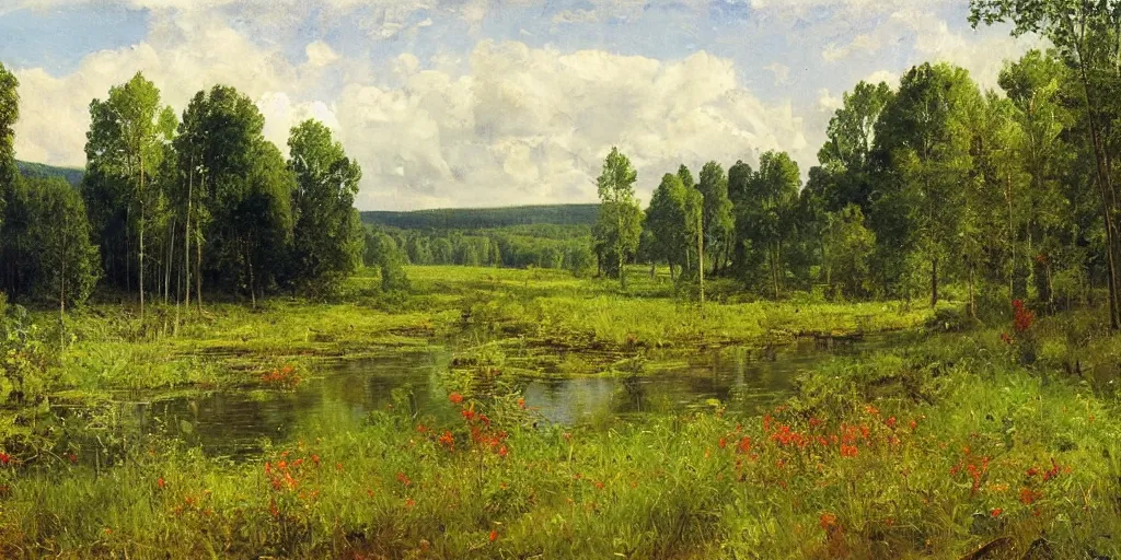 Image similar to summer landscape, blooming lush field, forest, clean river, matte painting, by Isaac Levitan and Vasily Perov