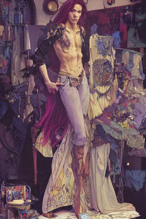 Image similar to a skinny goth guy standing in a cluttered 9 0 s bedroom, full body character concept art, vaporwave colors, intricate, elegant, highly detailed, digital painting, artstation, concept art, smooth, sharp focus, illustration, art by artgerm and greg rutkowski, and alphonse mucha