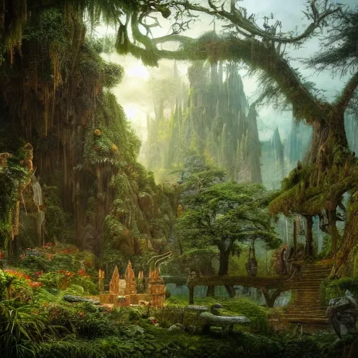 Prompt: a beautiful and highly detailed matte painting of a elven temple in a magical fantasy garden in a lush forest, elk, deer, intricate details, epic scale, insanely complex, 8 k, sharp focus, hyperrealism, very realistic, by caspar friedrich, albert bierstadt, james gurney, brian froud,