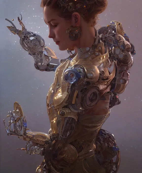 Image similar to portrait of a robotic human, half body, d & d, fantasy, intricate, elegant, highly detailed, digital painting, artstation, concept art, art by artgerm and greg rutkowski and alphonse mucha