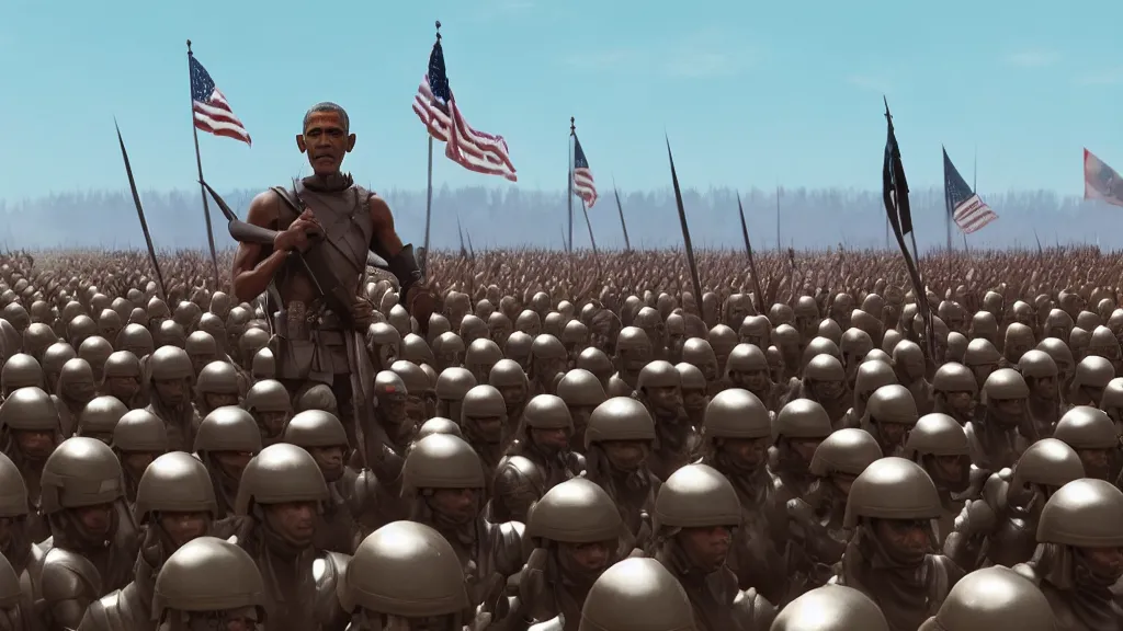 Image similar to Obama clones marching for war dress like the army from 300; render by Beeple, 4K