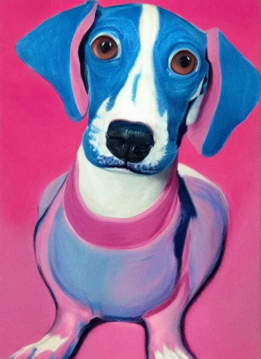 Prompt: Pink and Blue dachshund, painted by Georgia O'Keeffe, very detailed, with folds, 8k