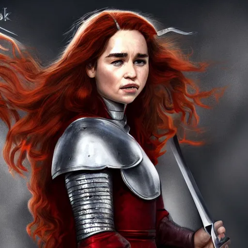 Prompt: emilia clarke, as a medieval fantasy character, with dark reddish hair, wearing light, silver armor and red clothing, tan complexion, holding a longsword, neutral expression, noble, cinematic, dark, realistic, digital art, 8 k