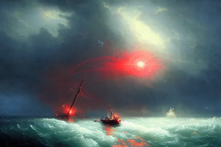 Image similar to A beautiful matte painting of huge spherical alien spaceship attacking with powerful red lasers a Sailship in ocean in thunderstorm by Greg Rutkowski and Ivan aivazovsky