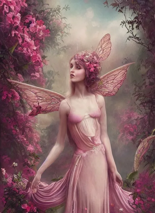 Prompt: a beautiful pink fairy with large wings and long flowing hair exploring her flower garden, style of tom bagshaw, extremely detailed, muted colors