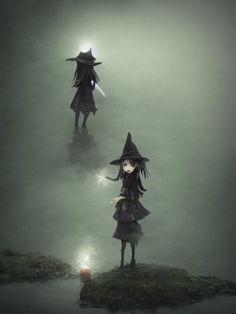 Image similar to cute fumo plush girl witch standing in reflective murky river water, gothic horror maiden in tattered cloth, volumetric fog and smoke in hazy abyss, light shafts shining through the dusky light, moonglow, lens flare, chibi anime, vray