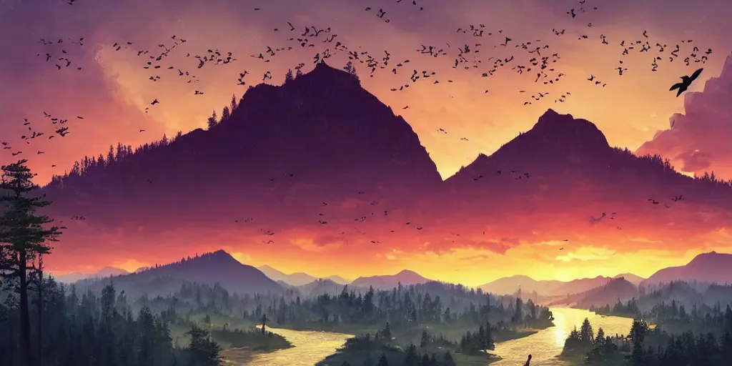 Image similar to A majestic landscape featuring a river, mountains and a forest. A group of birds is flying in the sky. There is man on a horse They are both staring at the sunset. Cinematic, very beautiful, painting in the style of firewatch