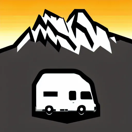 Image similar to vector art of a white and black cute thor chateau! motorhome camper!!, highway, mountains and colorful sunset!!, very happy, minimal vector art sticker!! by tom whalen, sanja stikovic