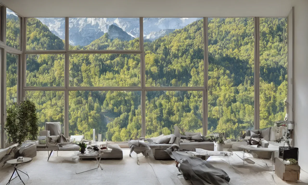 Image similar to fantastical living room with switzerland landscape in the window